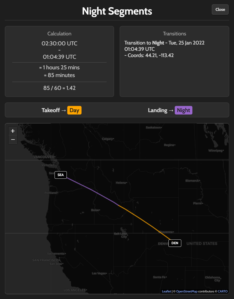 Pilot logbook night time calculator showing visual sunrise sunset map for FAA night currency